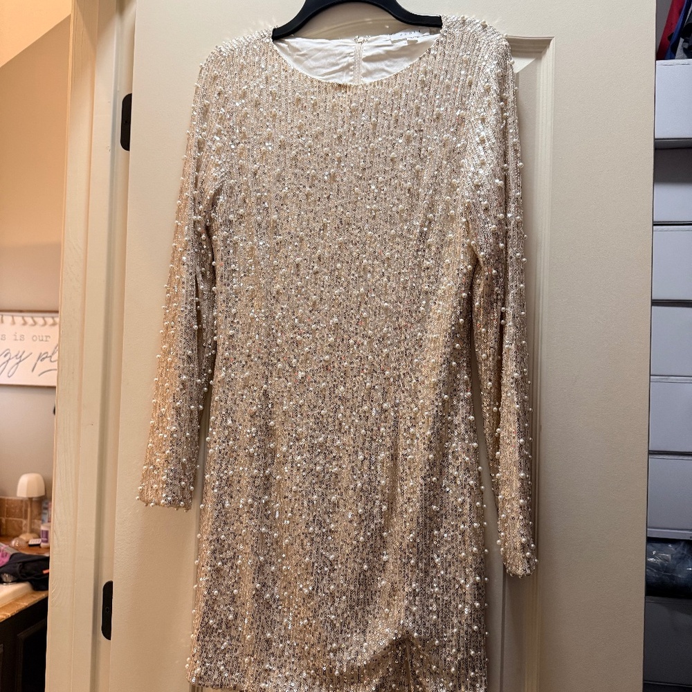 Sequin and Pearl Mini Bridal Dress